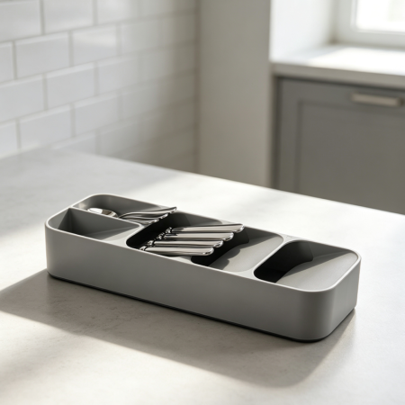 Compact Grey Flatware Tray for Drawer