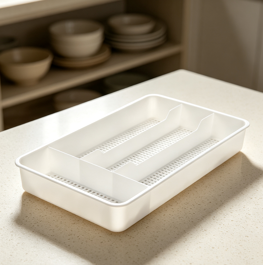 Compact White Cutlery Tray for Small Drawers