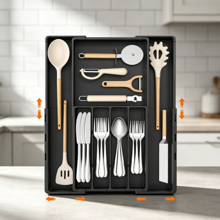 Expandable Black Plastic Cutlery Tray Adjustable Slots