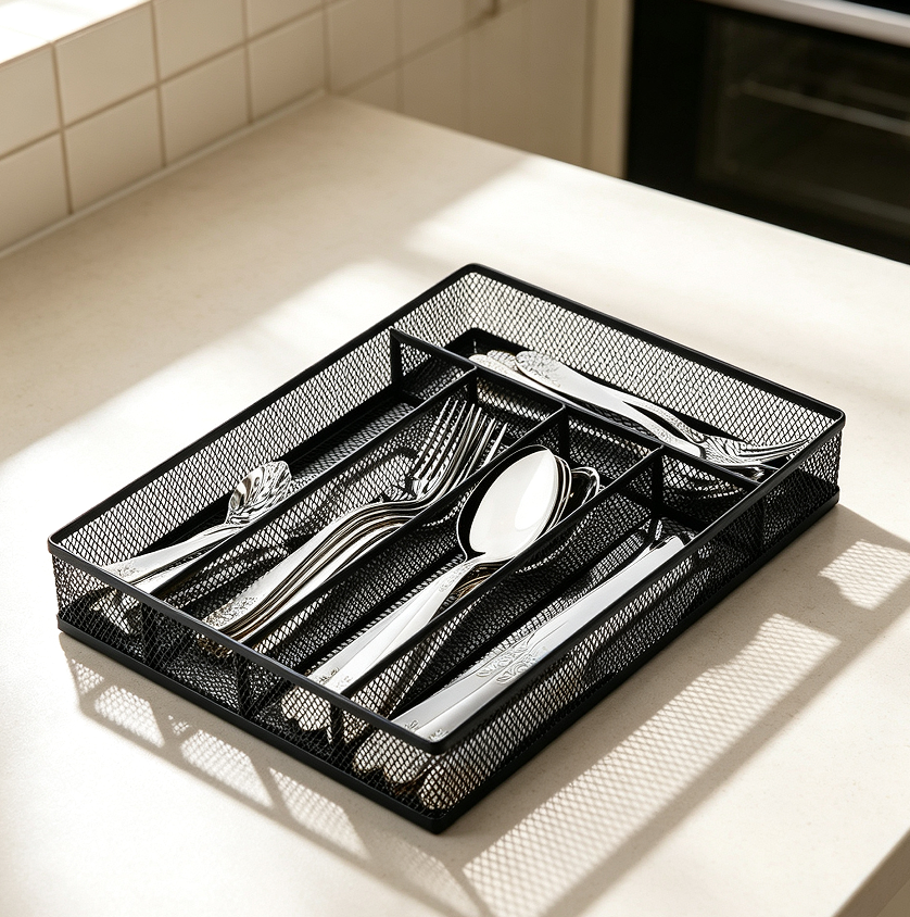 Mesh Wire Cutlery Tray with Non-slip Feet