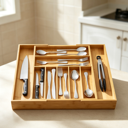 Expandable Bamboo Cutlery Tray Adjustable Dividers