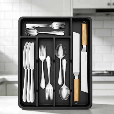Black Plastic Cutlery Tray with 5 Slots