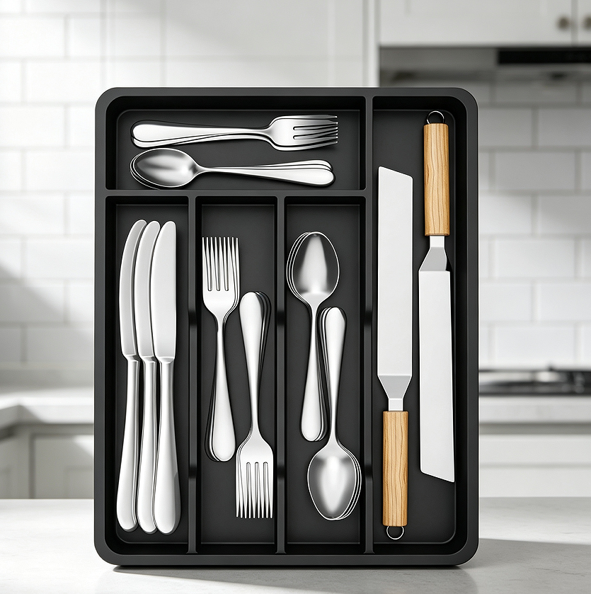 Black Plastic Cutlery Tray with 5 Slots