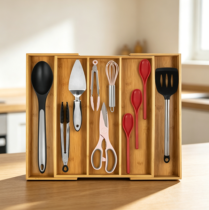 Expandable Bamboo Cutlery Tray with Adjustable Slots