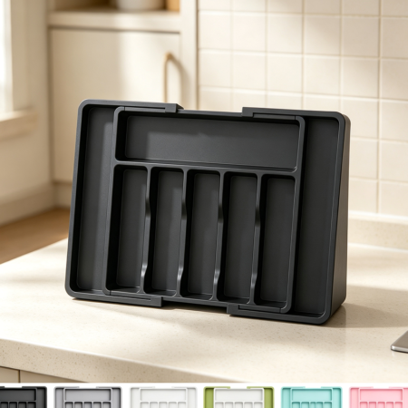 Large Expandable Black Plastic Cutlery Tray