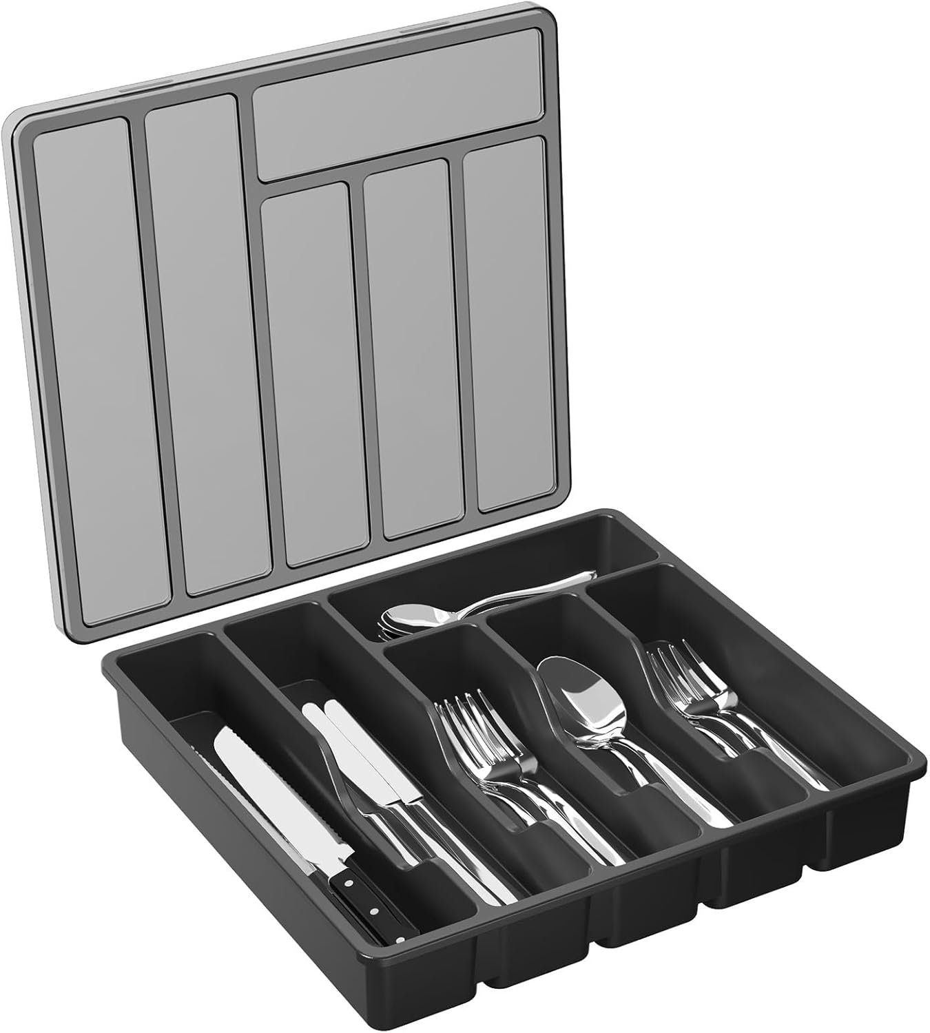 Black Plastic Cutlery Storage Box with Lid