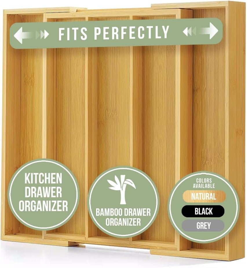 Expandable Bamboo Cutlery Tray with Adjustable Slots - Image 2