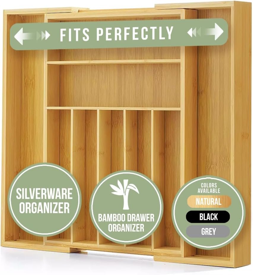 Expandable Bamboo Cutlery Tray Adjustable Dividers - Image 2