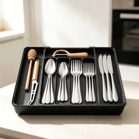 Expandable Black Plastic Cutlery Tray for Drawer