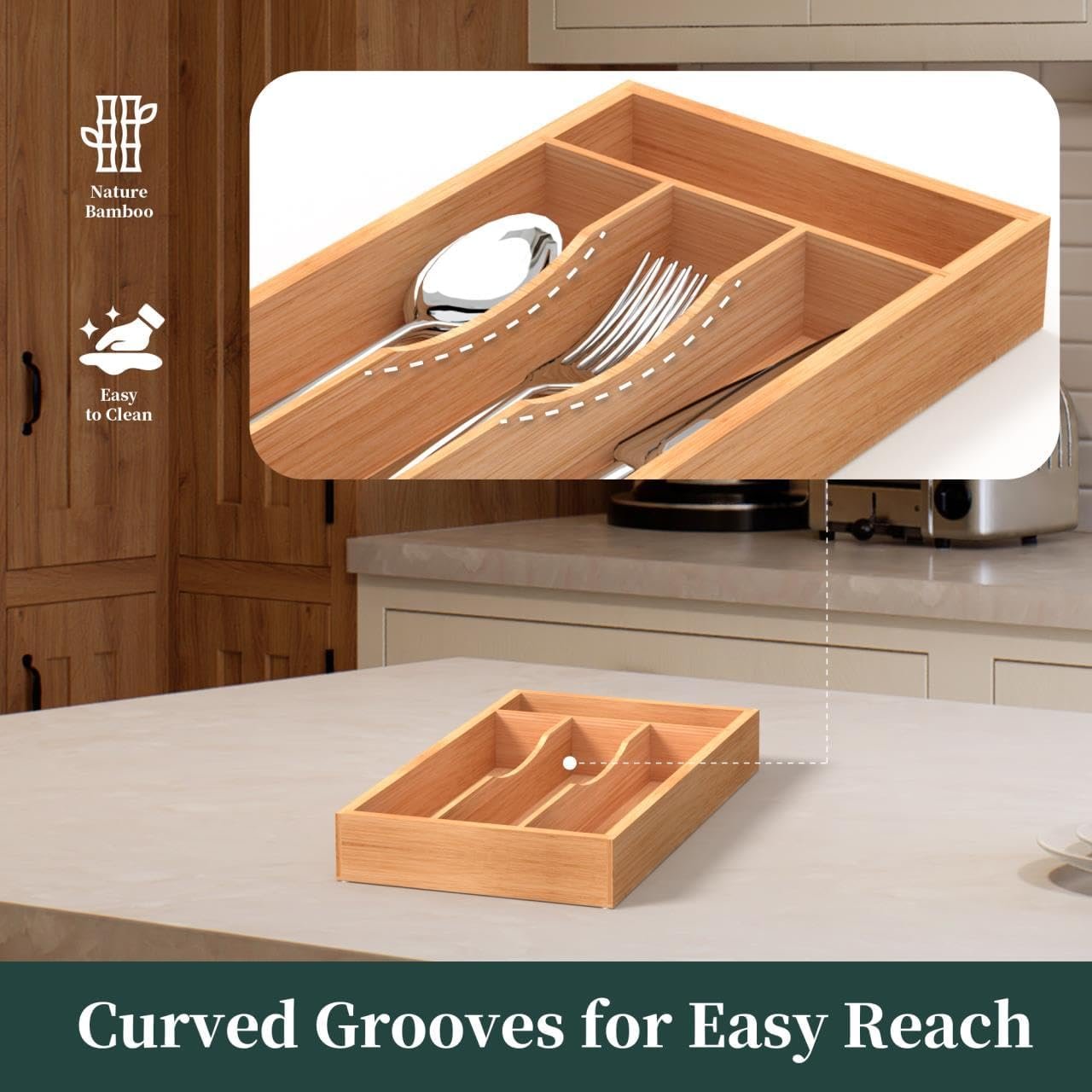Small Bamboo Cutlery Tray with Grooved Dividers - Image 2
