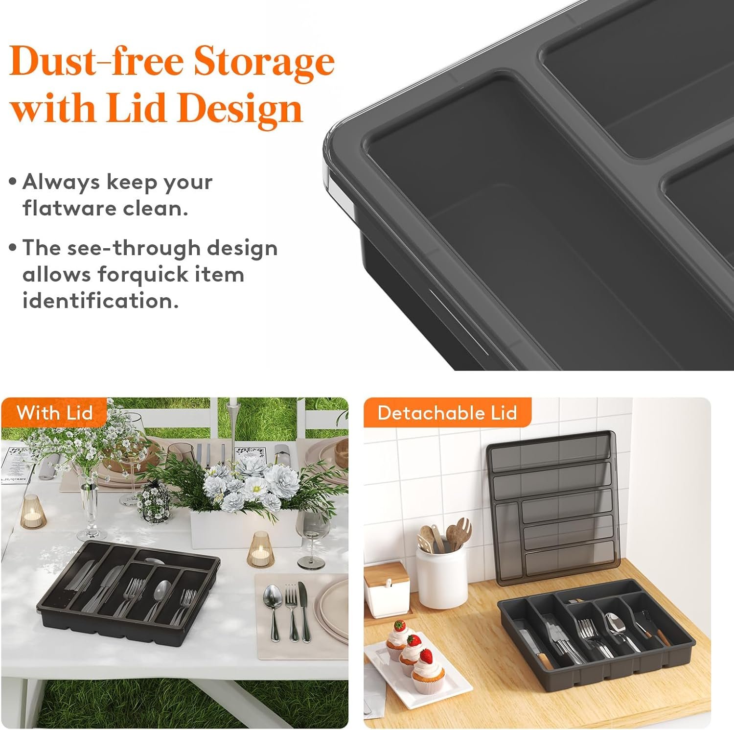 Black Plastic Cutlery Storage Box with Lid - Image 2