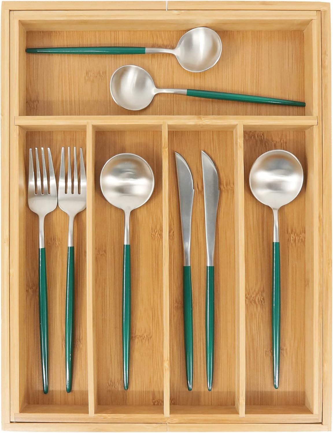 Medium Expandable Bamboo Cutlery Tray with Dividers - Image 2