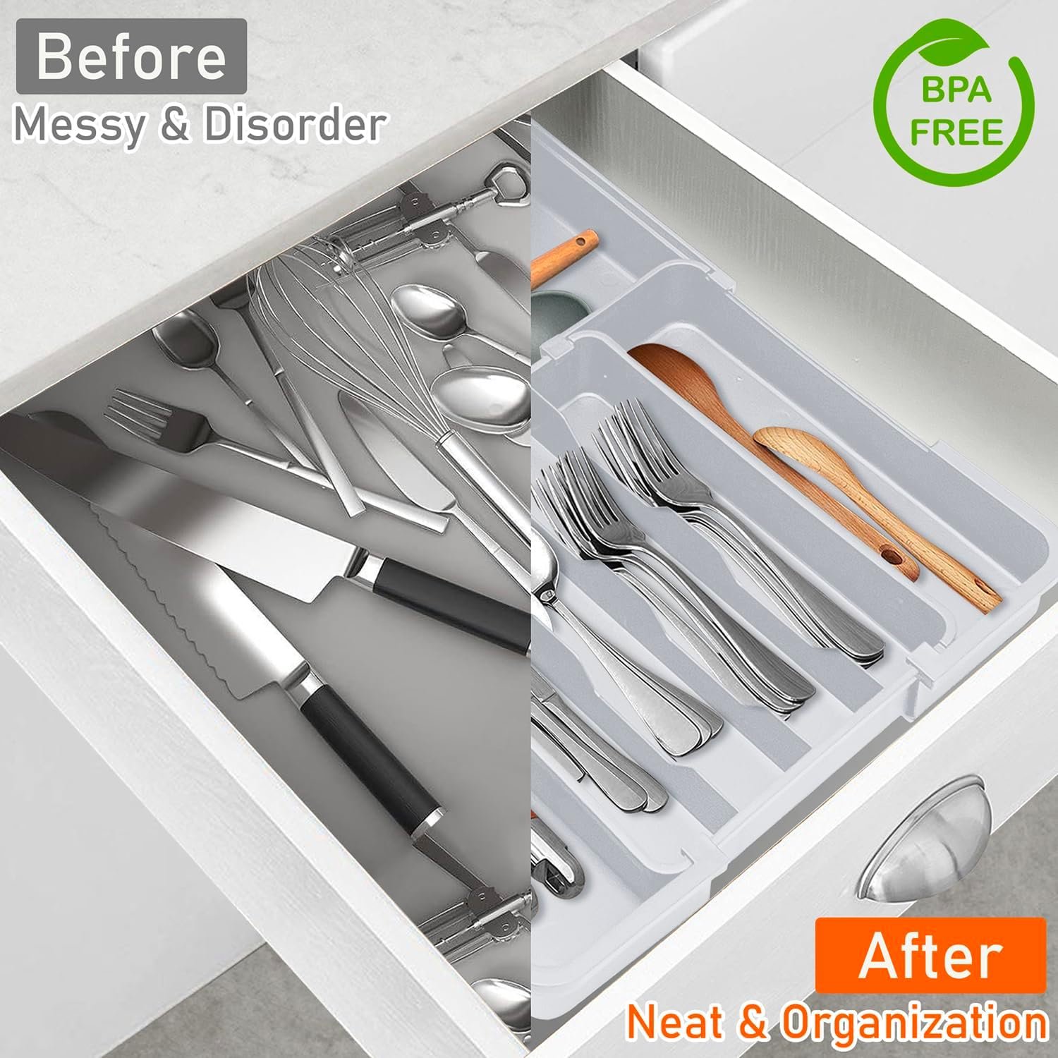 Gray Expandable Cutlery Tray with 7 Compartments - Image 2