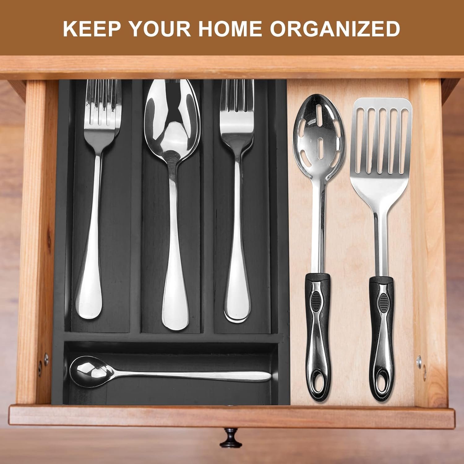 Narrow Bamboo Cutlery Tray with Black Finish - Image 2