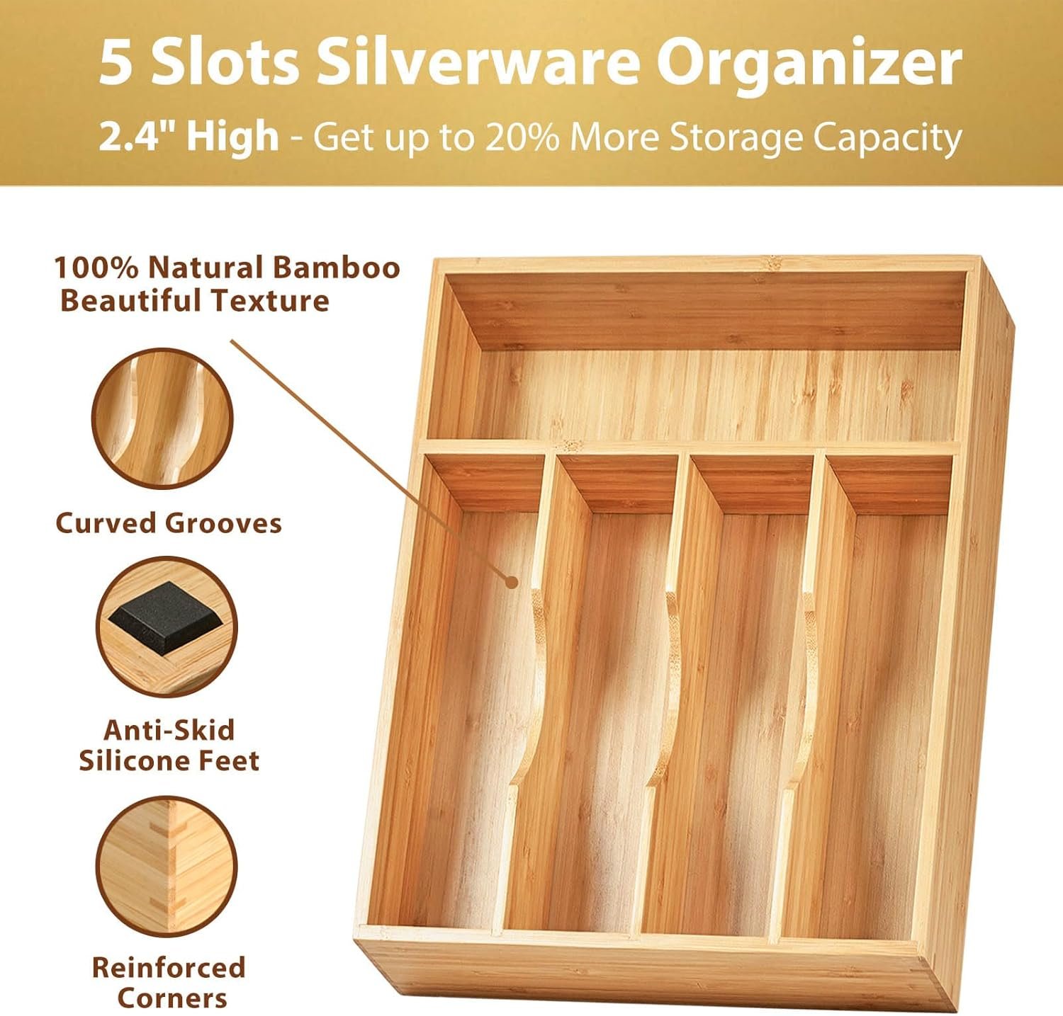 Bamboo Extra Deep Cutlery Tray with Non-slip Feet - Image 2