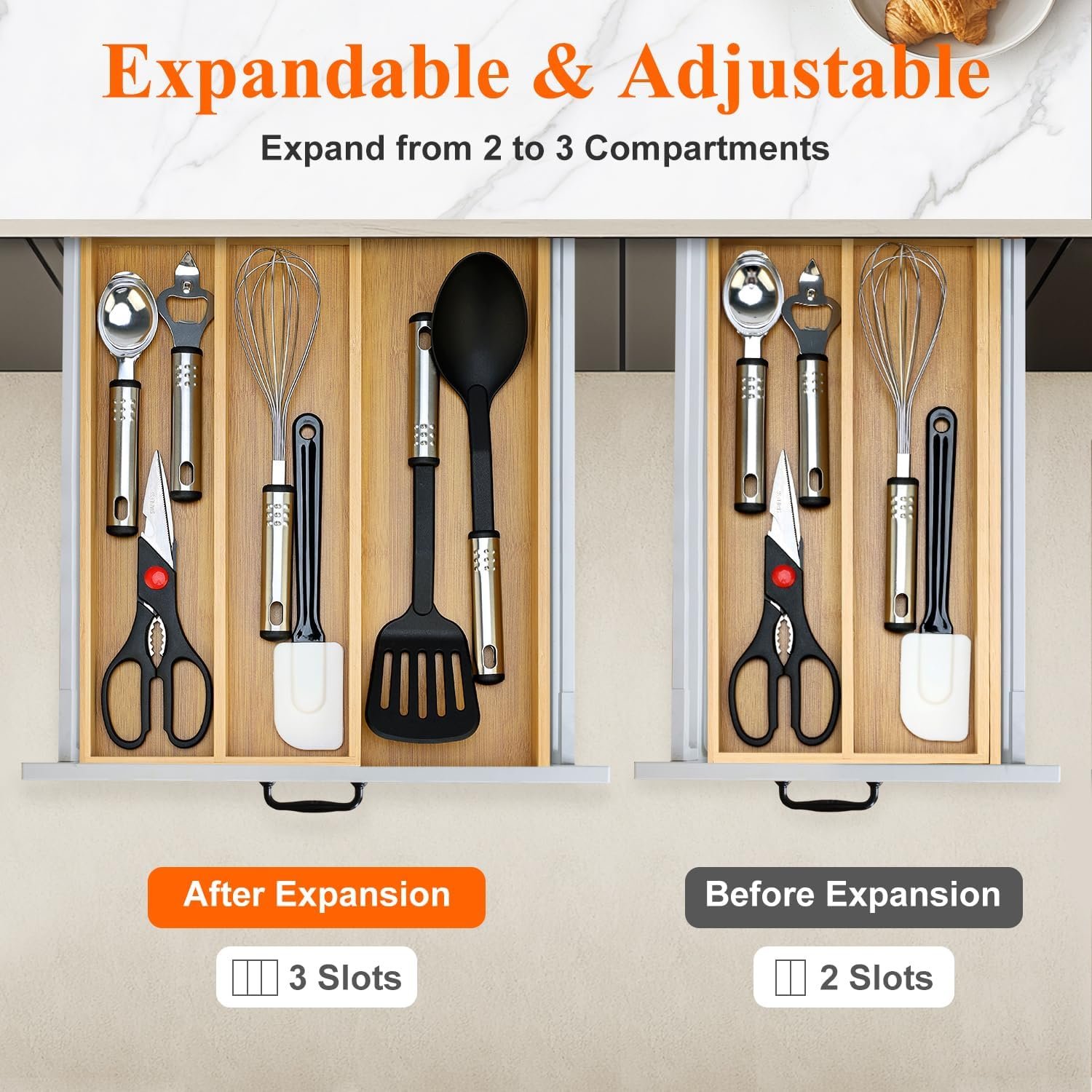 Large Expandable Bamboo Cutlery Tray for Utensils - Image 2