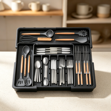 Large Expandable Black Cutlery Tray with Knife Holders