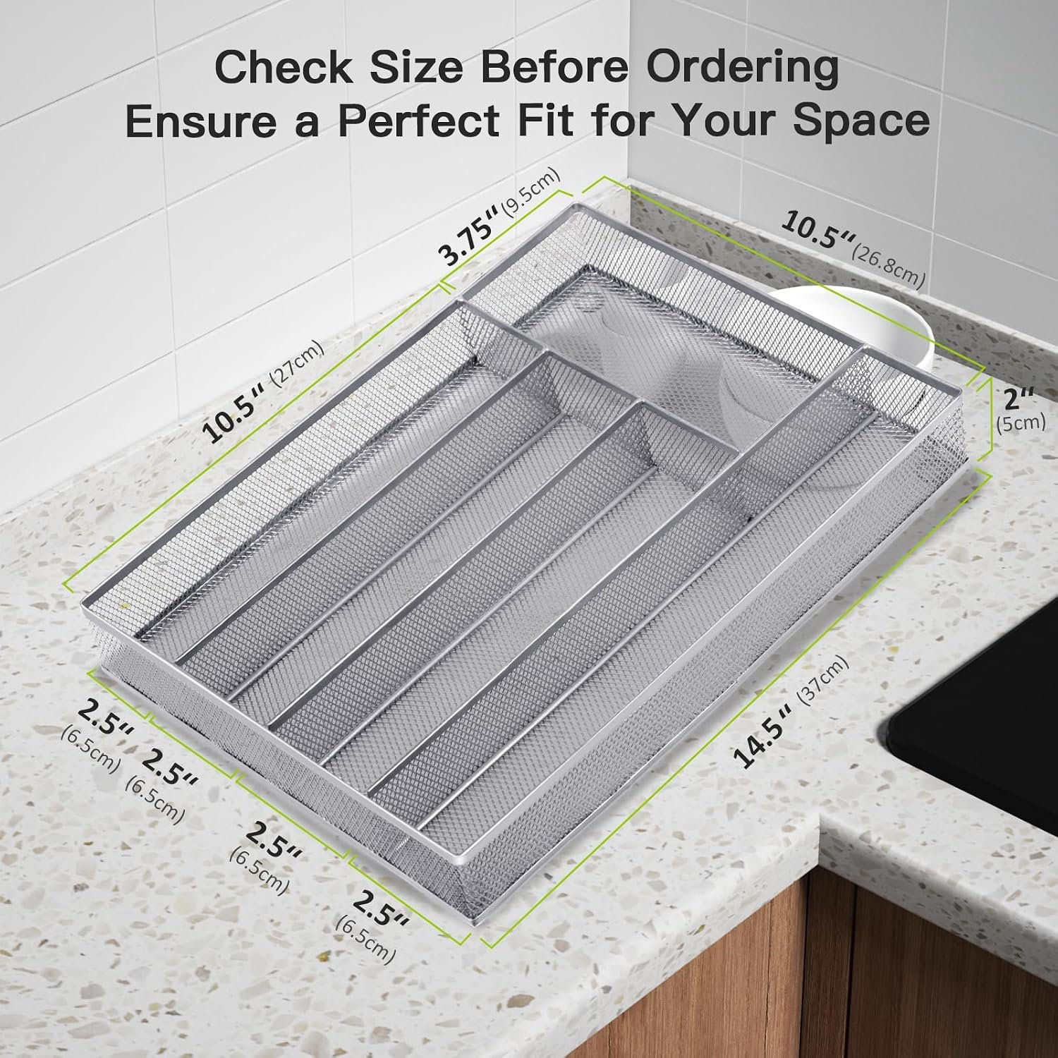 Silver Mesh Wire Cutlery Tray with Non-slip Feet - Image 2