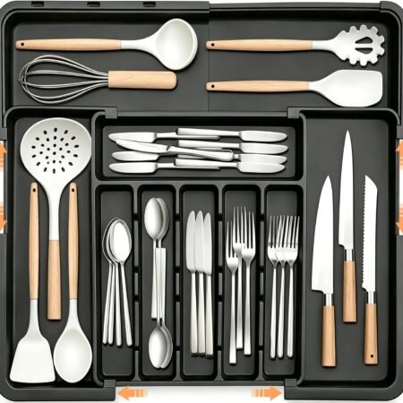 Large Expandable Black Cutlery Tray Adjustable Slots