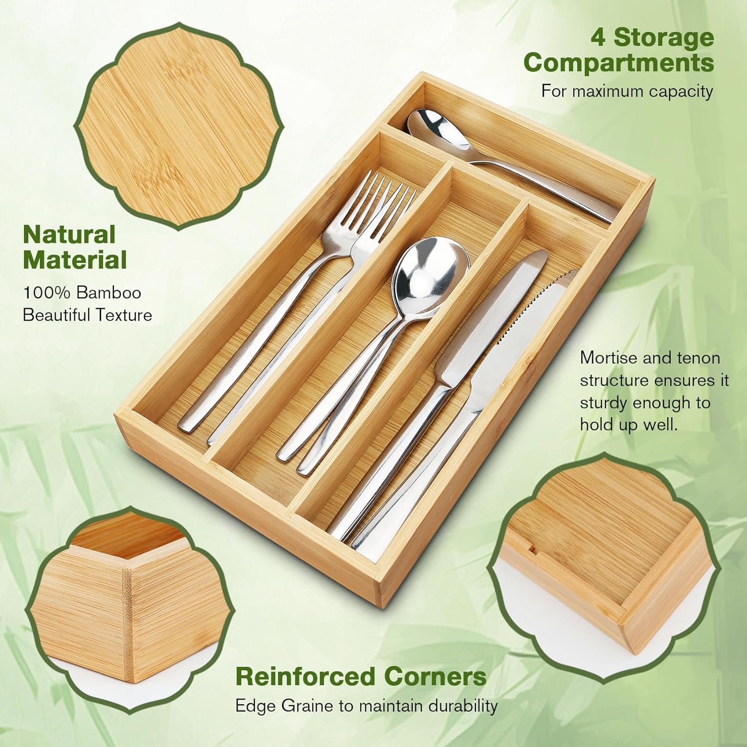 Small Bamboo Flatware Tray with Grooved Dividers - Image 2