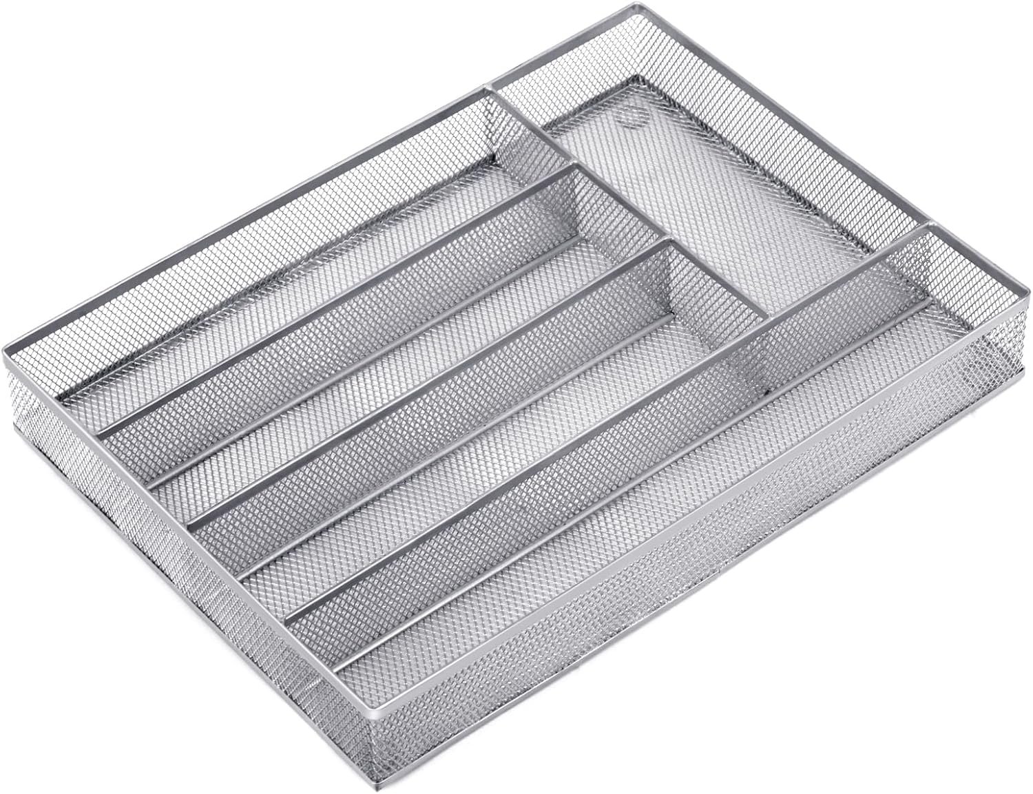 Silver Mesh Wire Cutlery Tray with Non-slip Feet