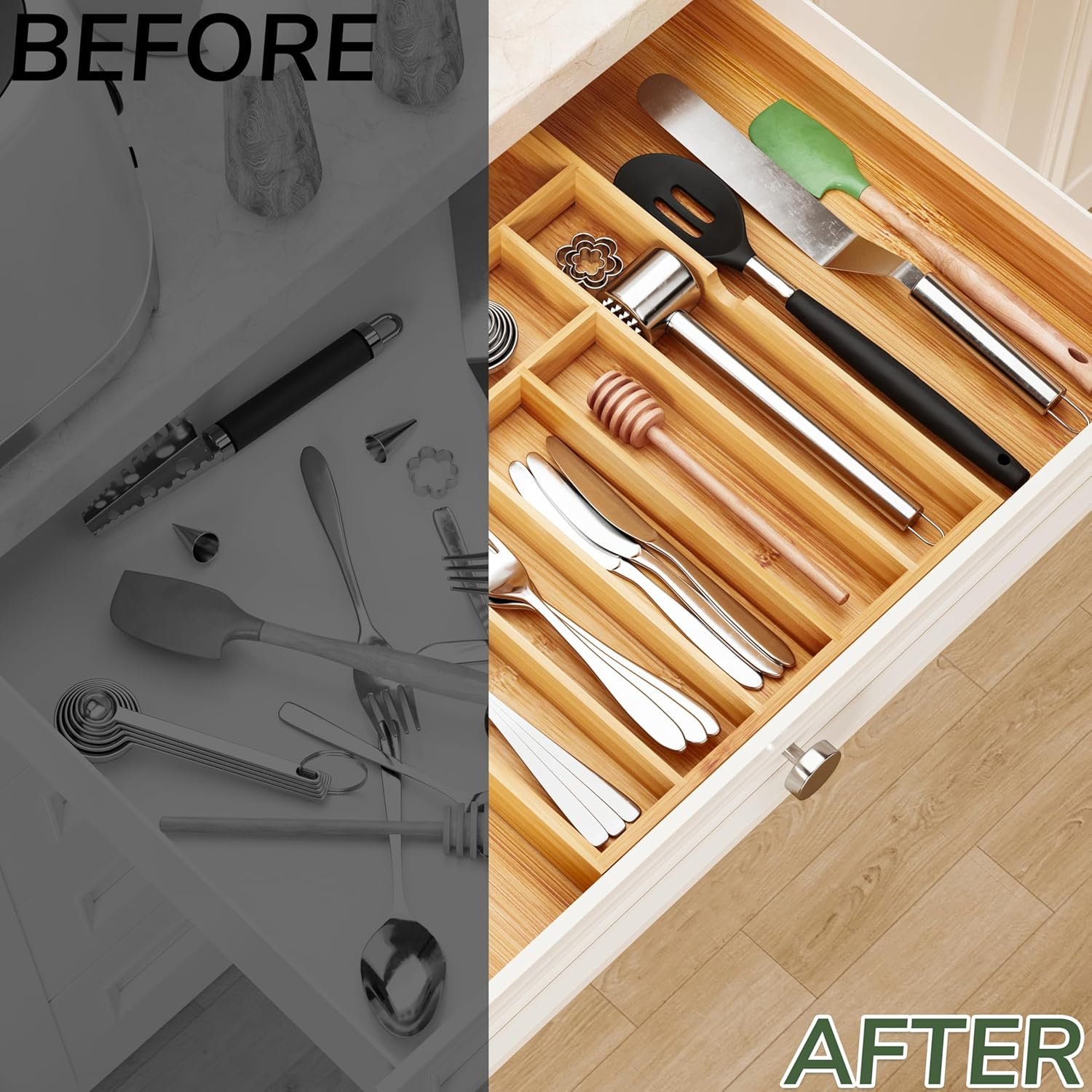 Adjustable Bamboo Drawer Organiser for Cutlery - Image 2