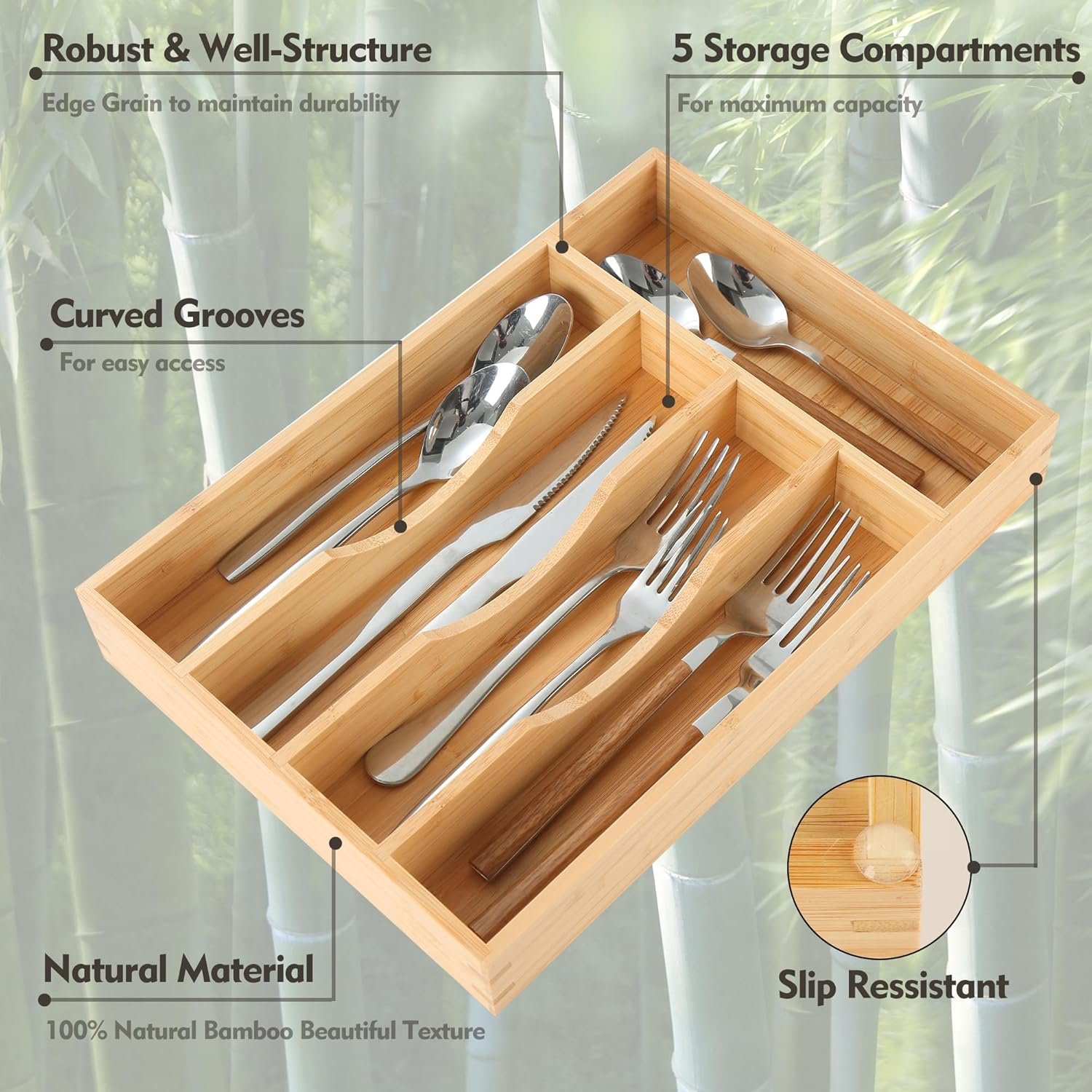 Bamboo Narrow Cutlery Holder for Drawer - Image 2