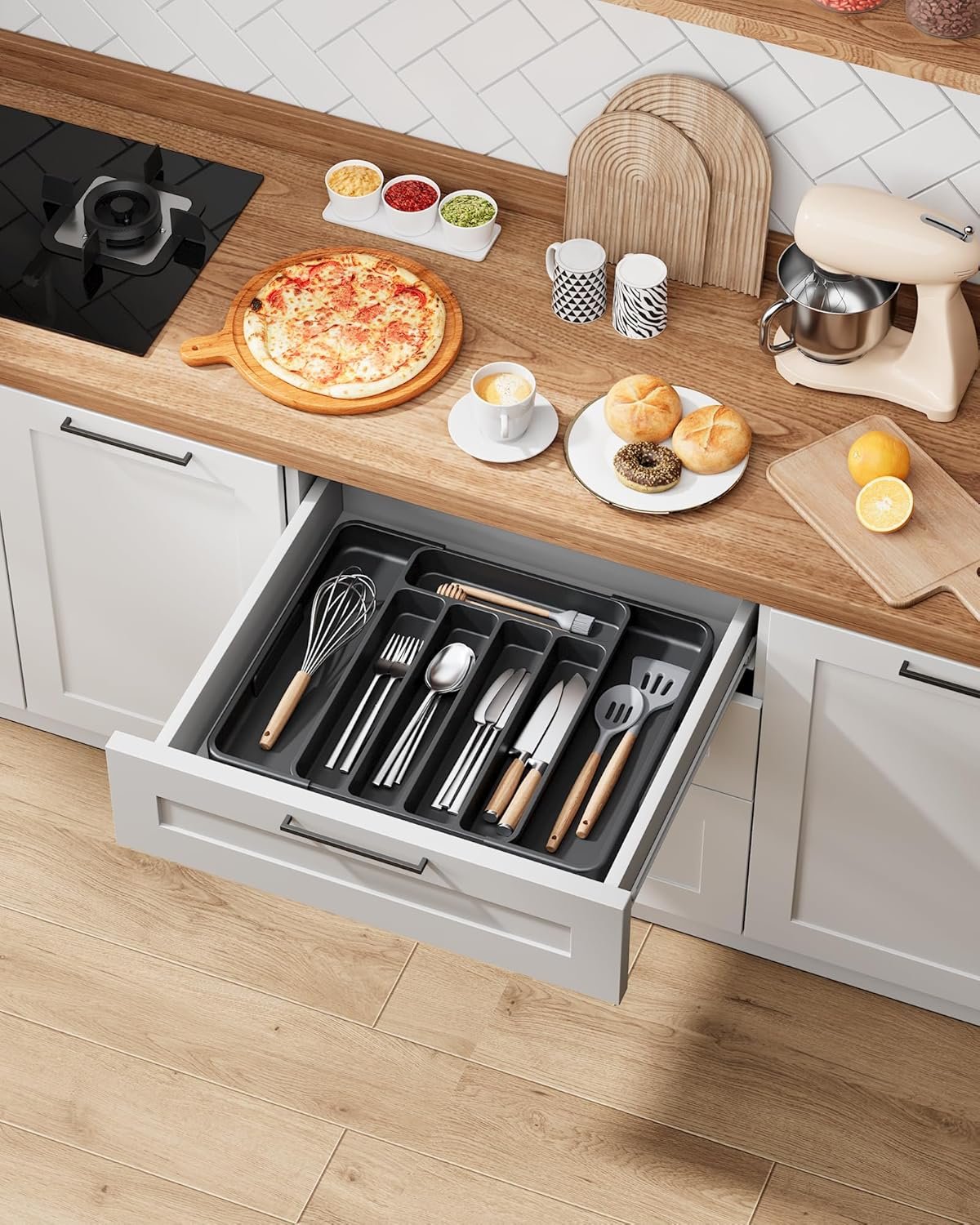 Adjustable Black Cutlery Tray for Drawer - Image 2