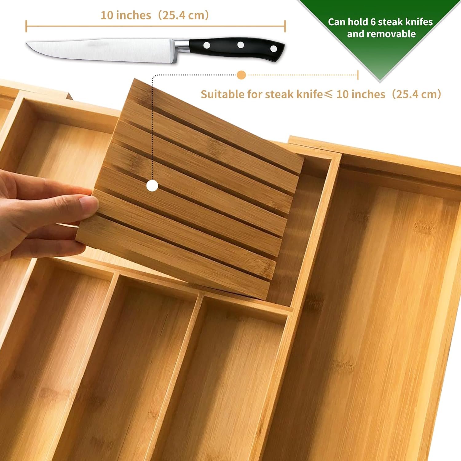 Expandable Bamboo Cutlery Tray with Knife Block - Image 2