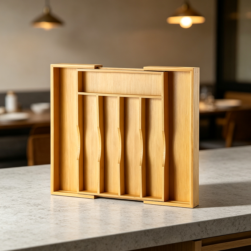 Adjustable Bamboo Wood Cutlery Tray Natural