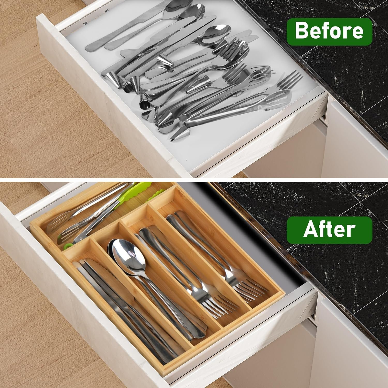 Bamboo 5-Slot Cutlery Tray for Small Drawer - Image 2